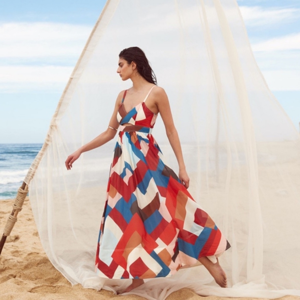 Banana Republic Multicolor Geometric Maxi Dress - Red, Blue, White, Brown